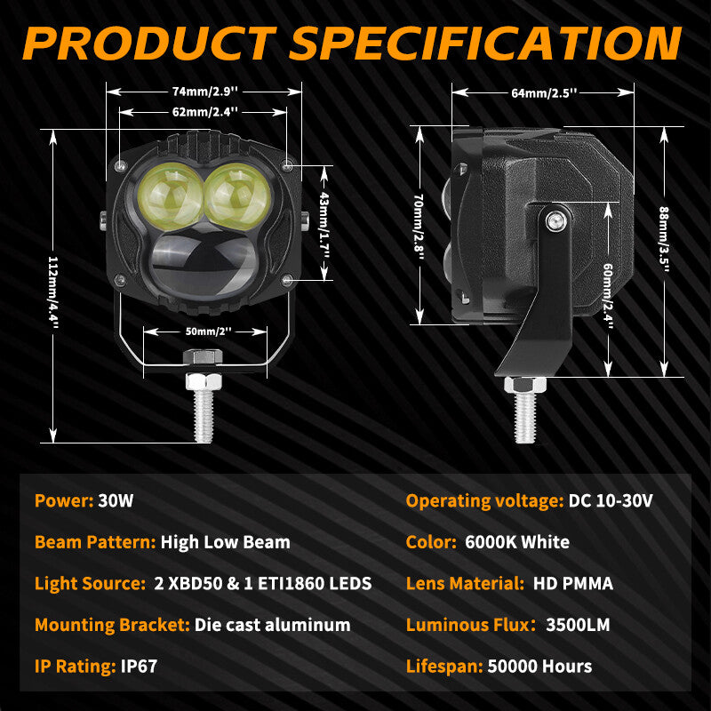 2X 3inch LED Work Light Cube Bar High Low Beam Pods Driving Fog Offroad ATV UTV