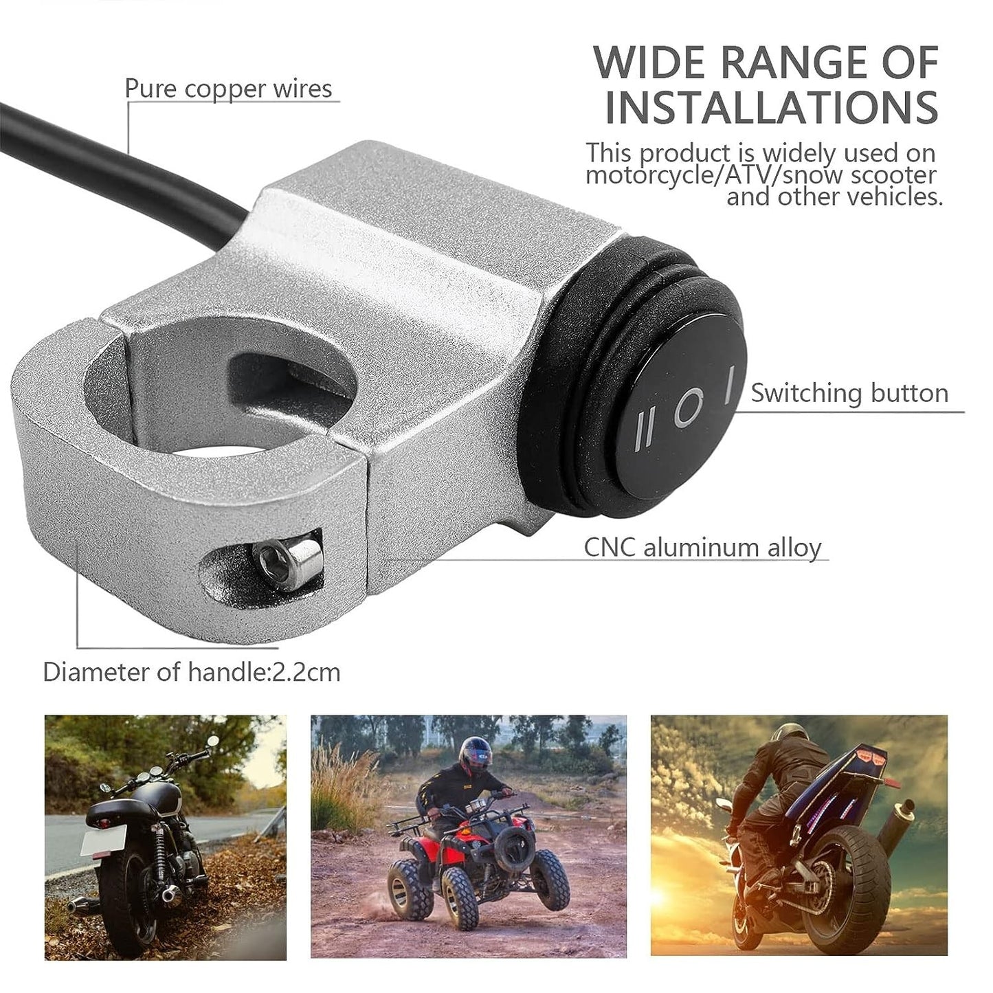 12V ATV Handlebar Headlight Switch,7/8 22-23mm Handlebar On-Off-On Control CNC