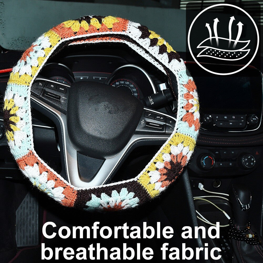 14-15in Boho Crochet Steering Wheel Cover Flower Steering Wheel Protector