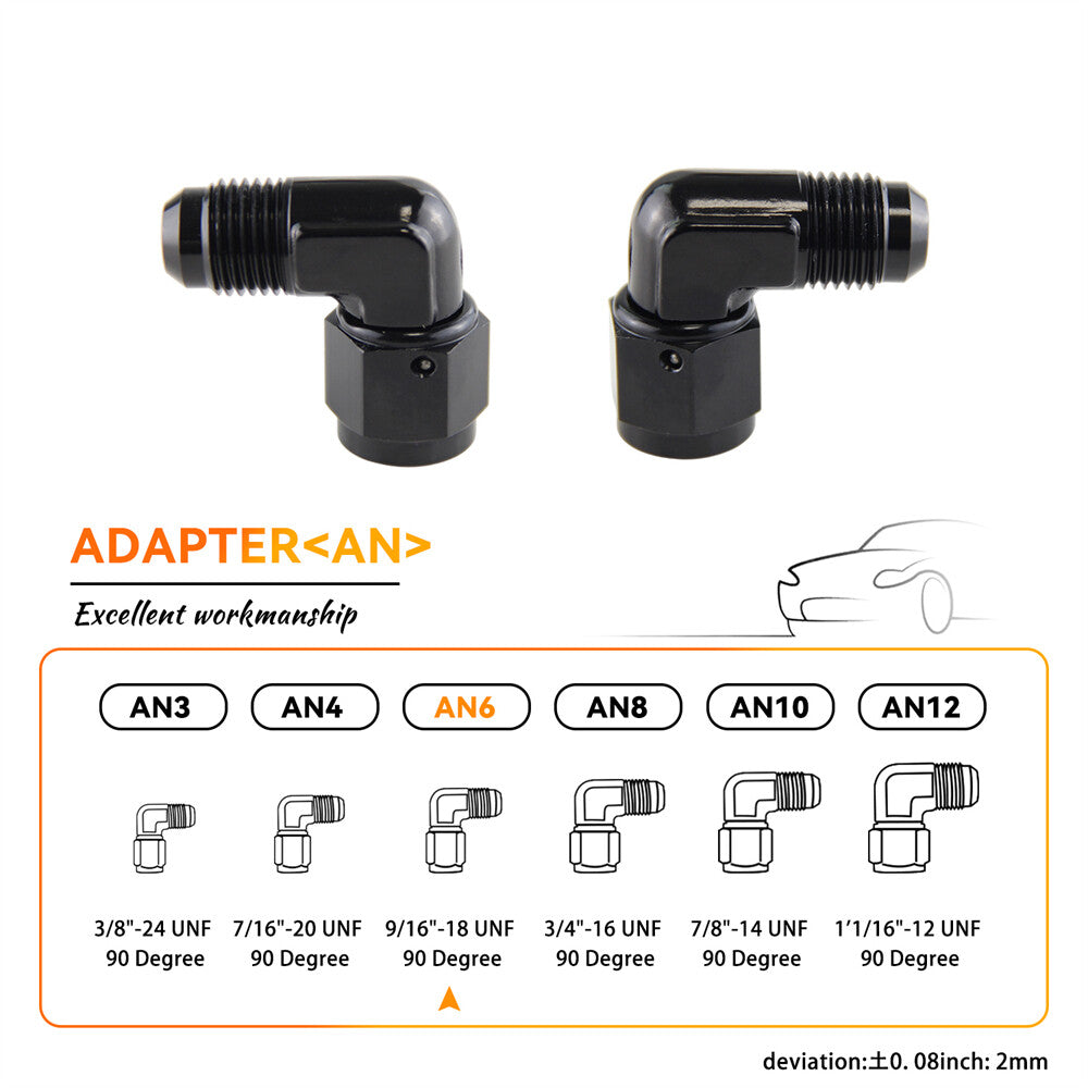 2PCS AN6 Female to 6AN Male 90 Degree Flare Swivel Hose Fitting Adapter Black