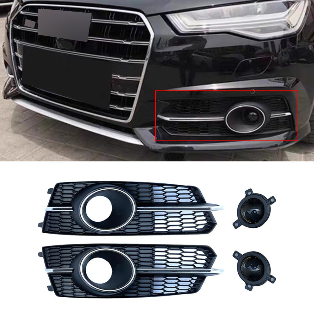 Front Bumper Grille+Fog Light Lamp Frame Fit for Audi A6 S6 2016-2018 Silver