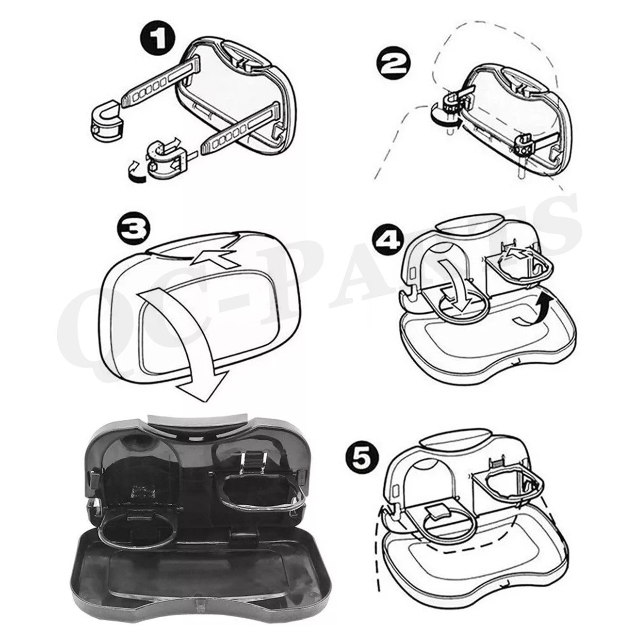 Folding tray beverage holder, rear for seat table tray, phone holder, car storage box