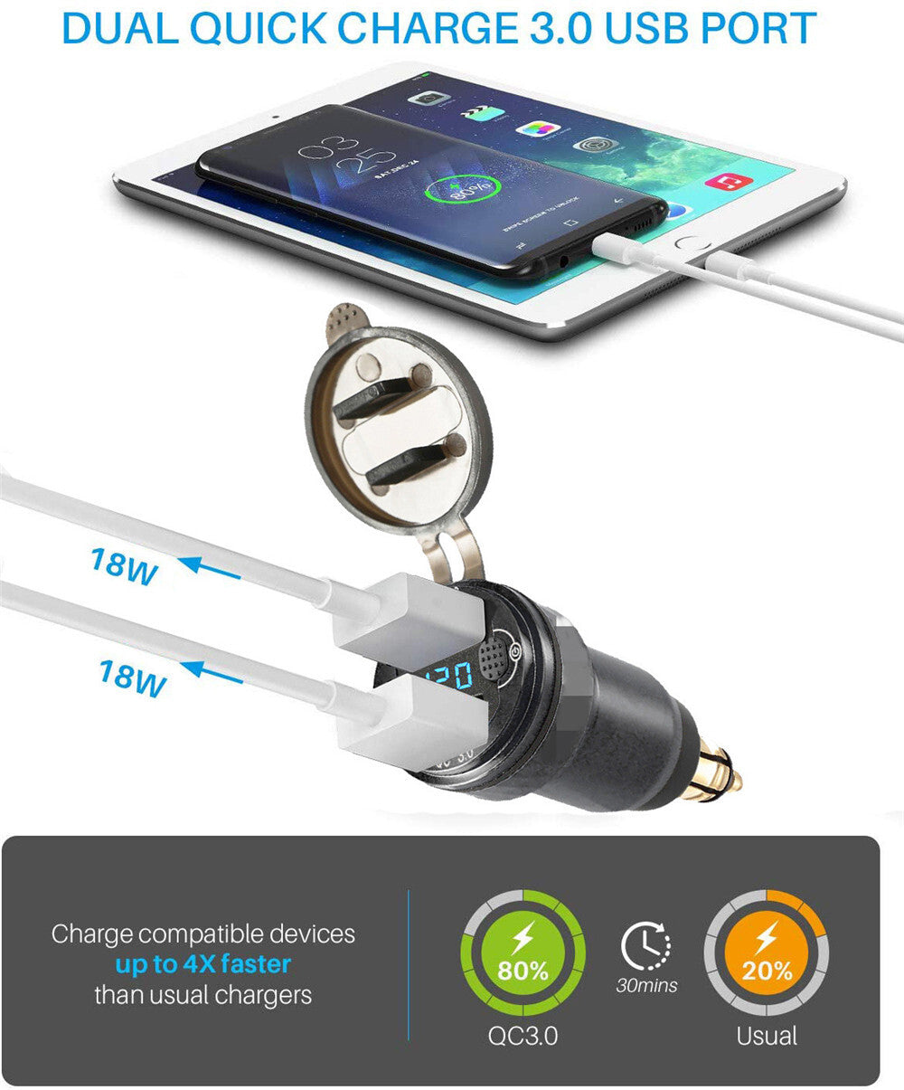 QC3.0 Motorcycle DIN To Dual USB for Charger Power Adapter Voltmeter For Phone GPS Q