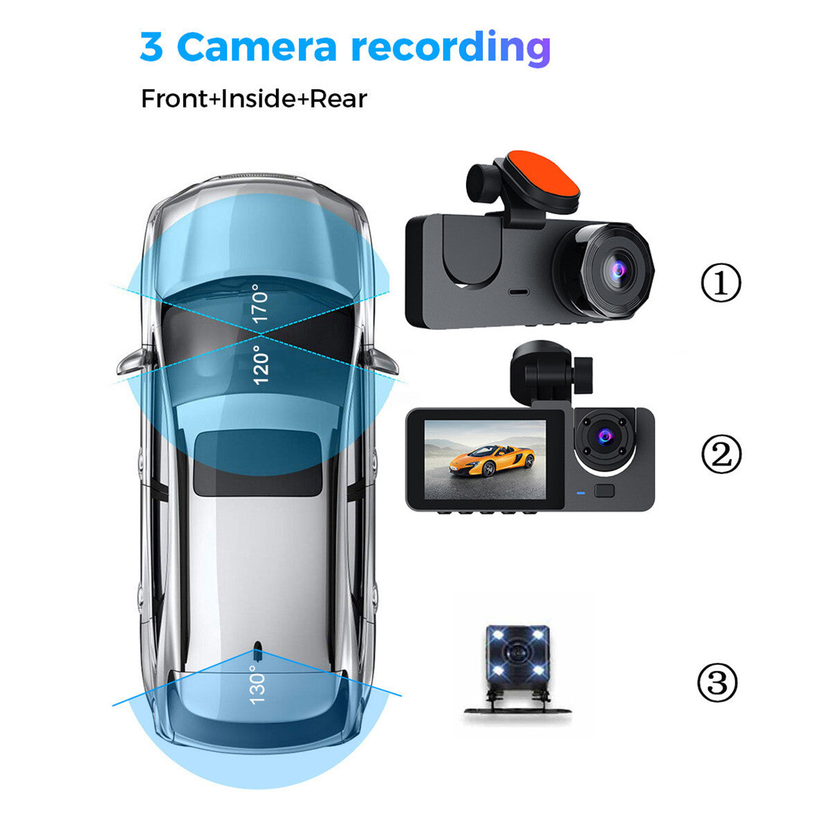 2in 1080P Dual Lens Car DVR Dash Cam Video Recorder Front Inside Rear Camera