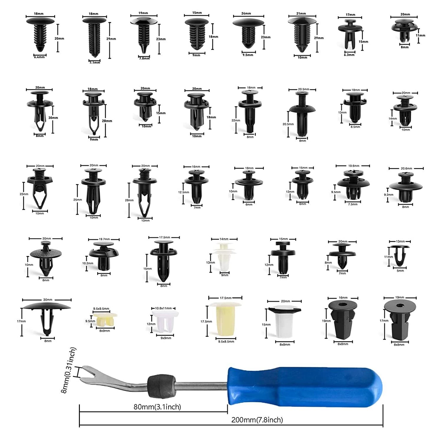 Car fastener clips, car body push-button plastic pins, rivets, 620 pieces, crash plate