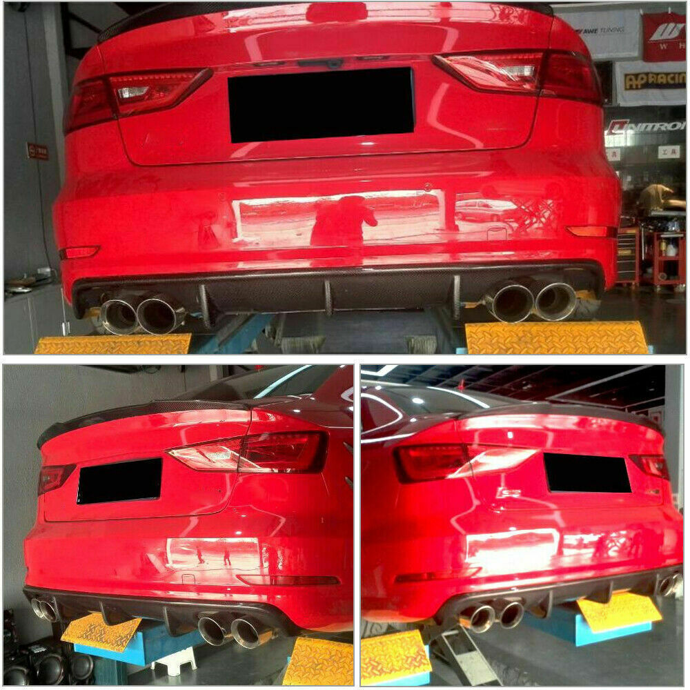 FRP Glossy Black Rear Bumper Diffuser Lip Quad 4 Tips for Audi S3 Sedan 2013-16