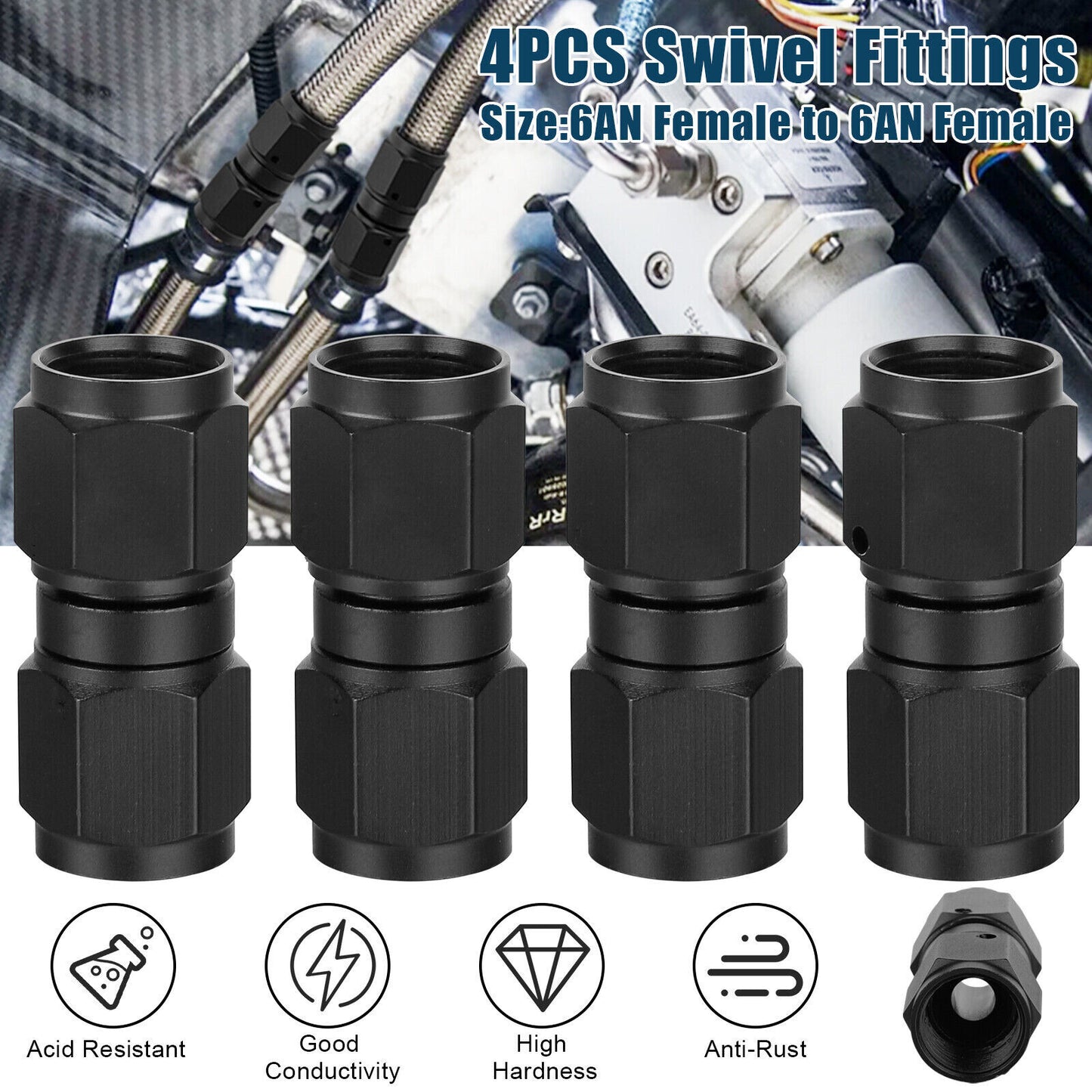 4X Aluminum Alloy 6AN Female to 6AN Female Coupler Straight Swivel Fitting