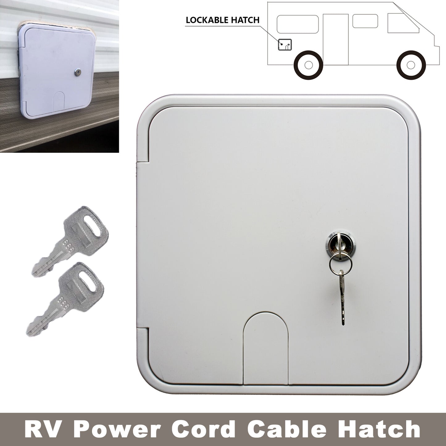 RV White Electric Power Cord Cable Hatch Compartment Lockable w/ 2 Keys Q