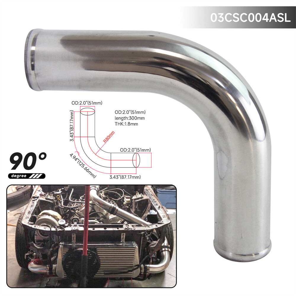 90 Degree 51mm 2 Aluminum Intercooler Intake Pipe Piping Tube Hose Silver