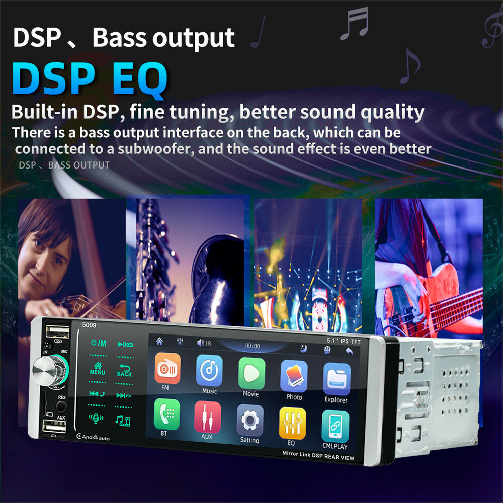 Single 1 Din For Android Auto Carplay 5.1in Car Stereo Radio W/ Backup Camera