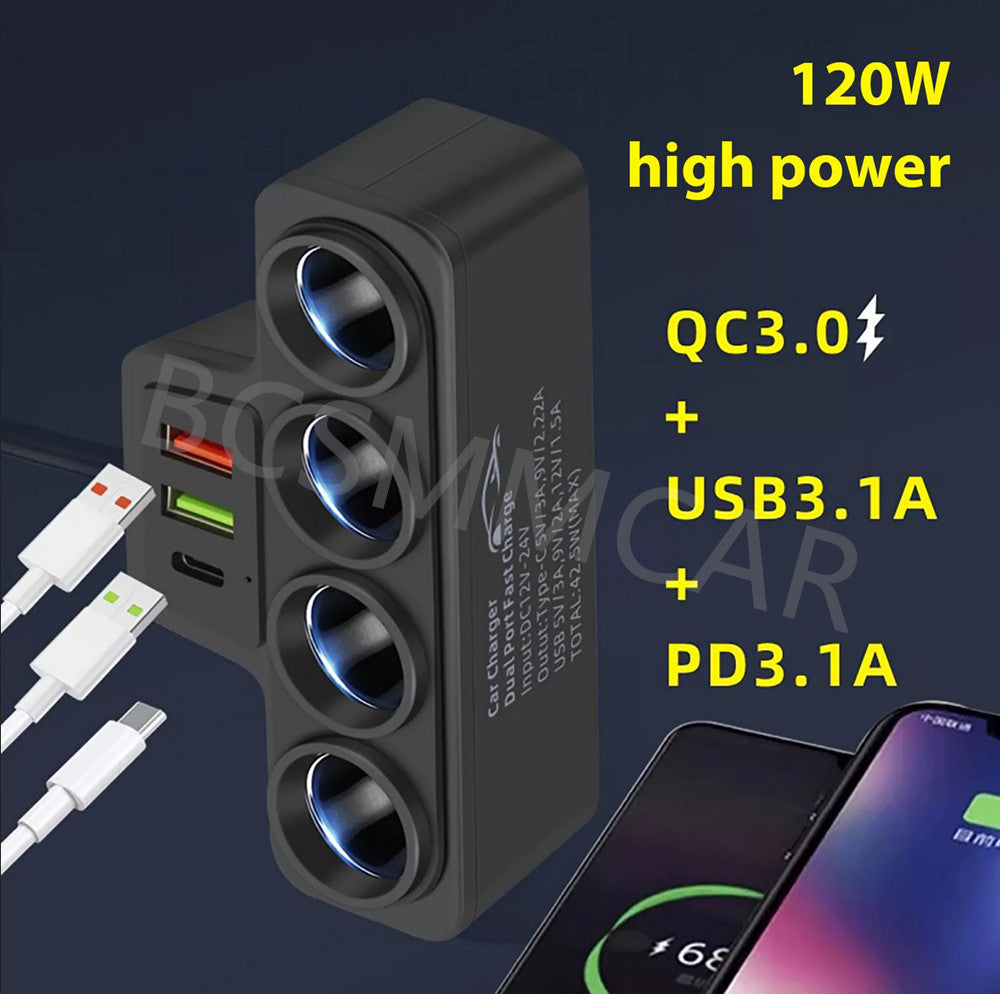4 Way Car Cigarette Lighter Socket Splitter PD USB Charger Power Adapter 12V