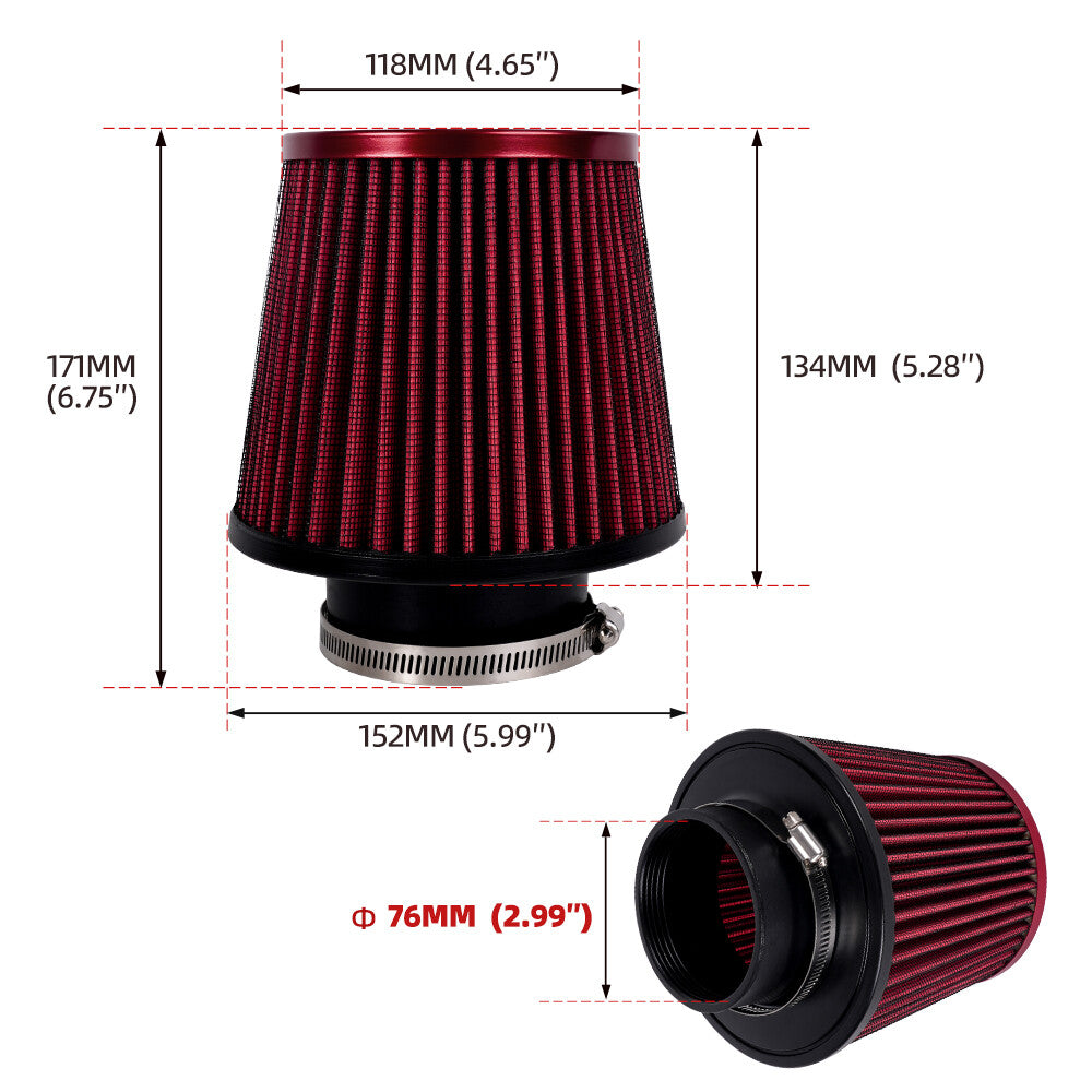 New Full Red 76mm High Flow Inlet Air Intake Cone Filter For Car/Truck/SUV