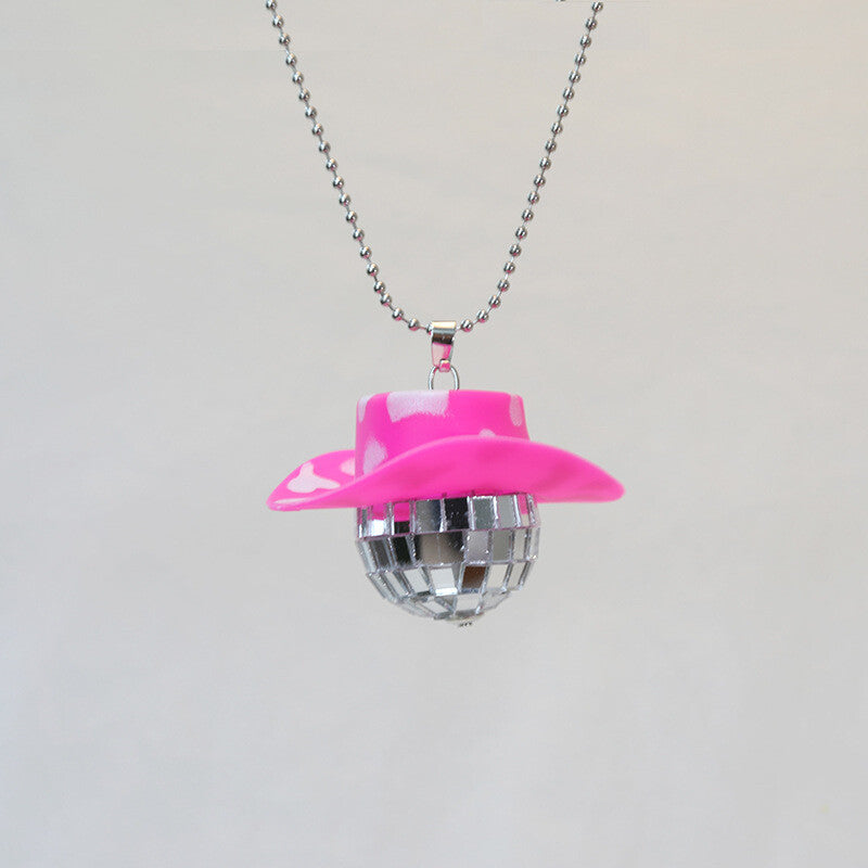 Cowboy Hat Disco Ball Car Ornamen Rearview Mirror Hanging Acessory Cow Pink