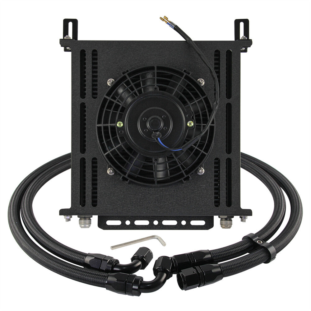AN10 40 Row Universal Oil Cooler w/Nylon Braided Oil Line +7 Electric Fan Black