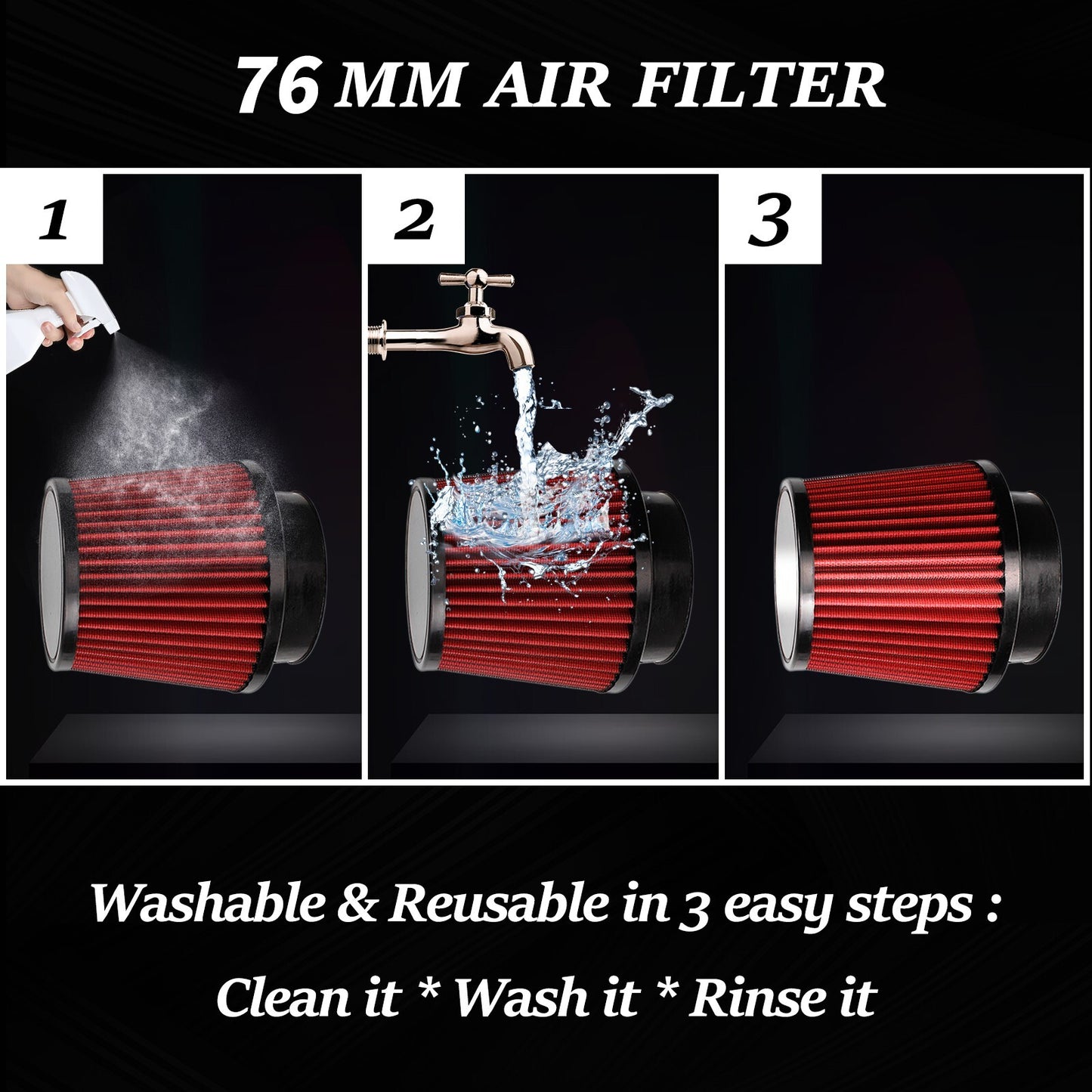 Universal Red 3 High Flow Inlet Cold Air Intake Cone Replacement Dry Air Filter