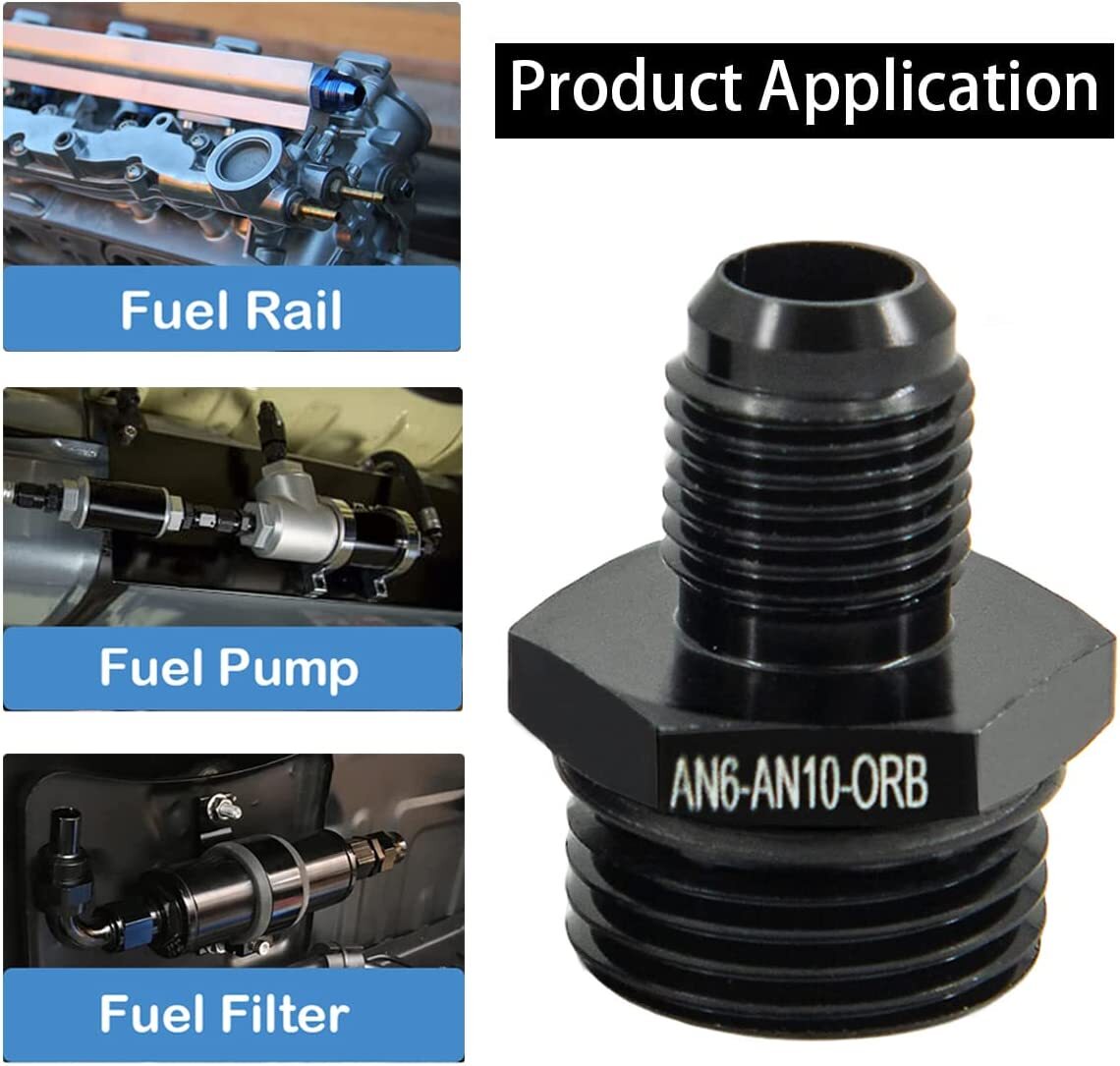 6AN male flash to 10AN ORB O-ring Boss fuel pump rail adapter accessory black