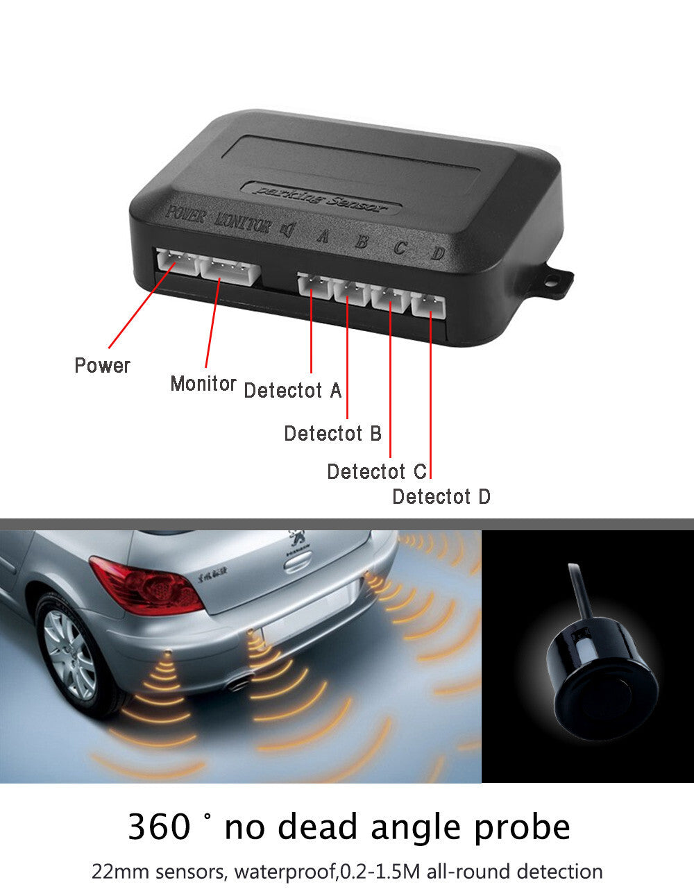 4-Side Parking Sensor LED Car Backup Reverse Rear Radar System Alarm Kit n