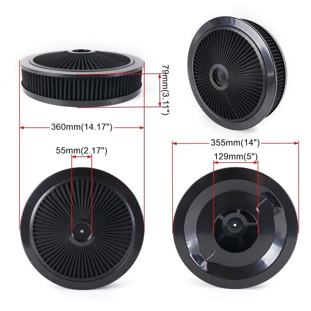 Black 14 x 3 Round Super Flow Thru Air Cleaner Washable For 5-1/8 Carb Neck Q