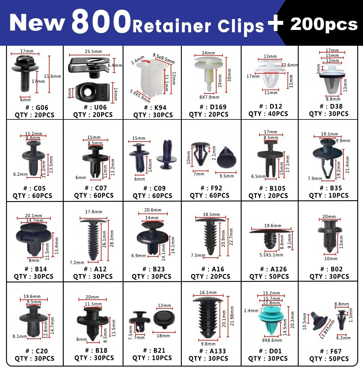 1000-piece set of automatic fasteners, decorative plastic clips, rivets, and bumper fasteners
