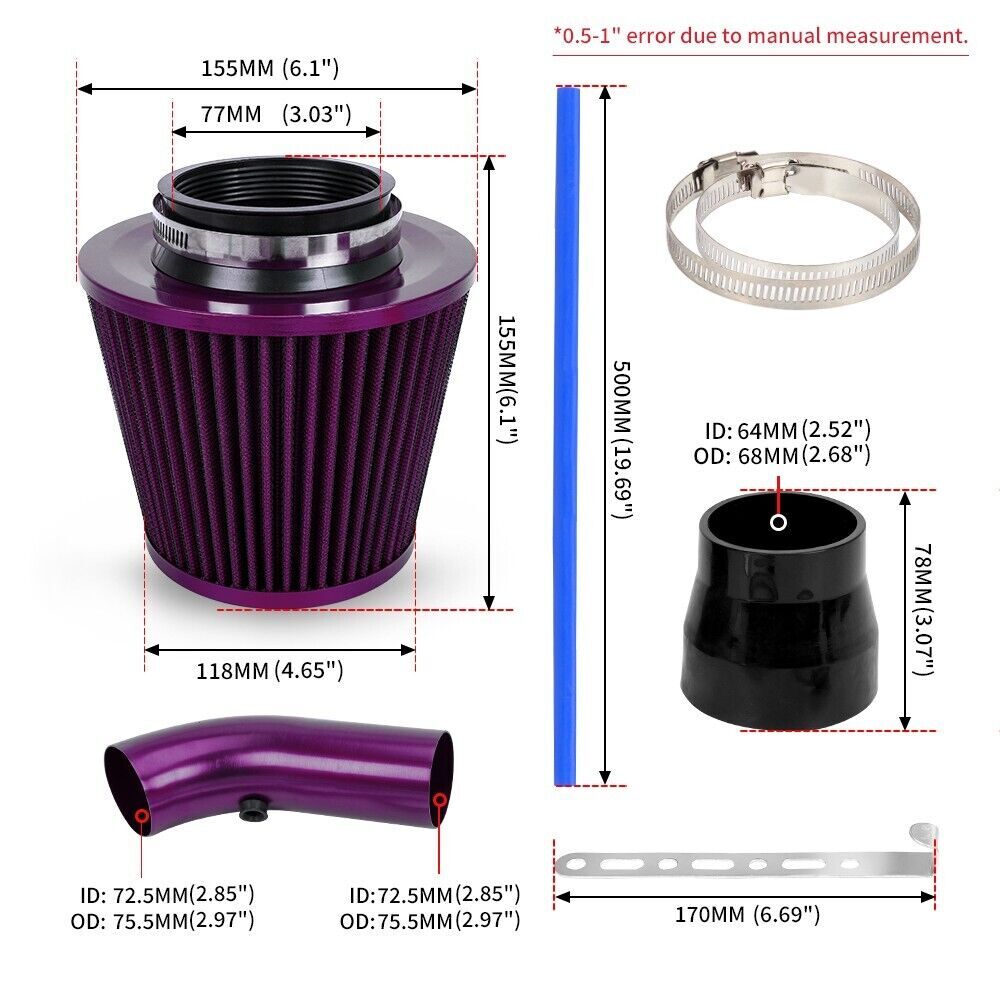 Purple Car Cold Air Intake Filter Induction Kit Pipe Power Flow Hose System 76mm