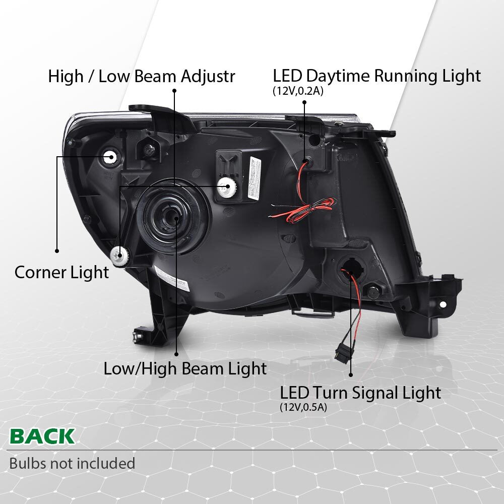 Fits 2005 - 2011 for Tacoma Clear LED Tube Headlights Black/Clear - v