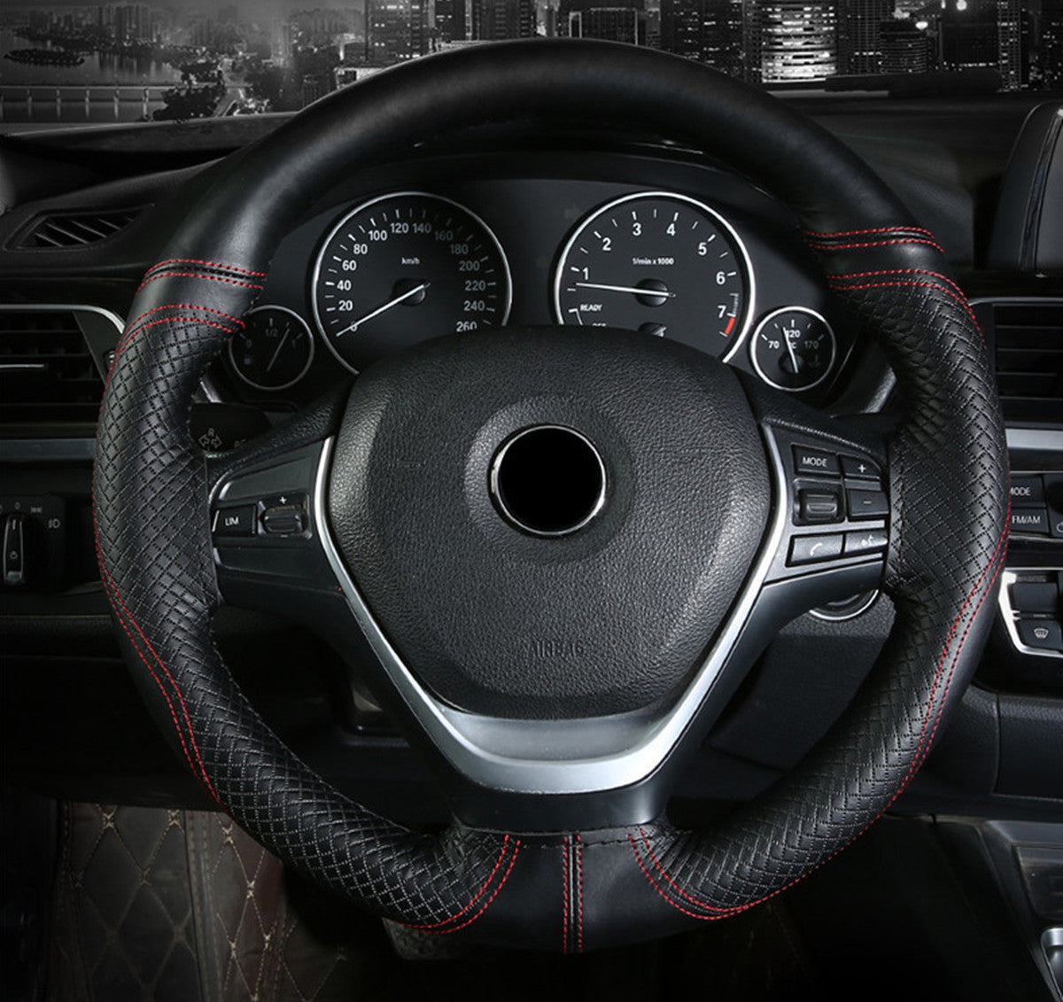 Black/Red Rear Leather Car Steering Wheel DIY Cover With Needles Thread 38cm