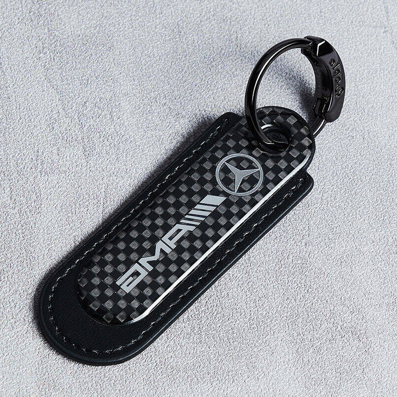 Real Carbon Fiber+Black Leather Keychain Key Fob Key Ring for Mercedes AMG