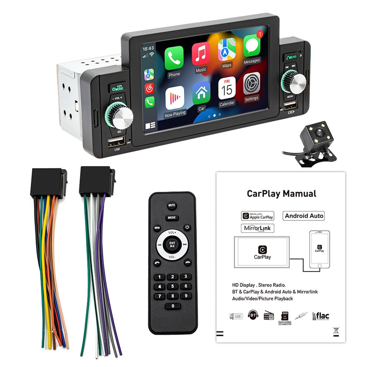 Single DIN Car Stereo Radio, Carplay MP5 Player, Bluetooth Touchscreen Camera n