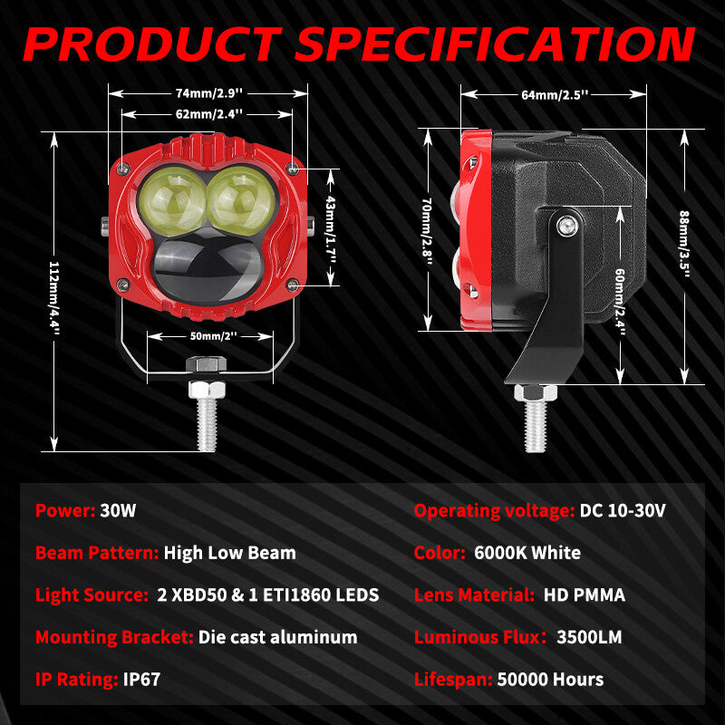 2X 3Inch LED Work Light Cube Pods High/Low Beam OffRoad Light Truck Driving FOG