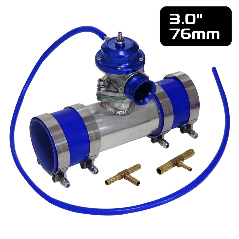 30PSI Blow Off Valve BOV +Type RS 3 Flange Pipe Adapter Silicone Hose Kit Blue