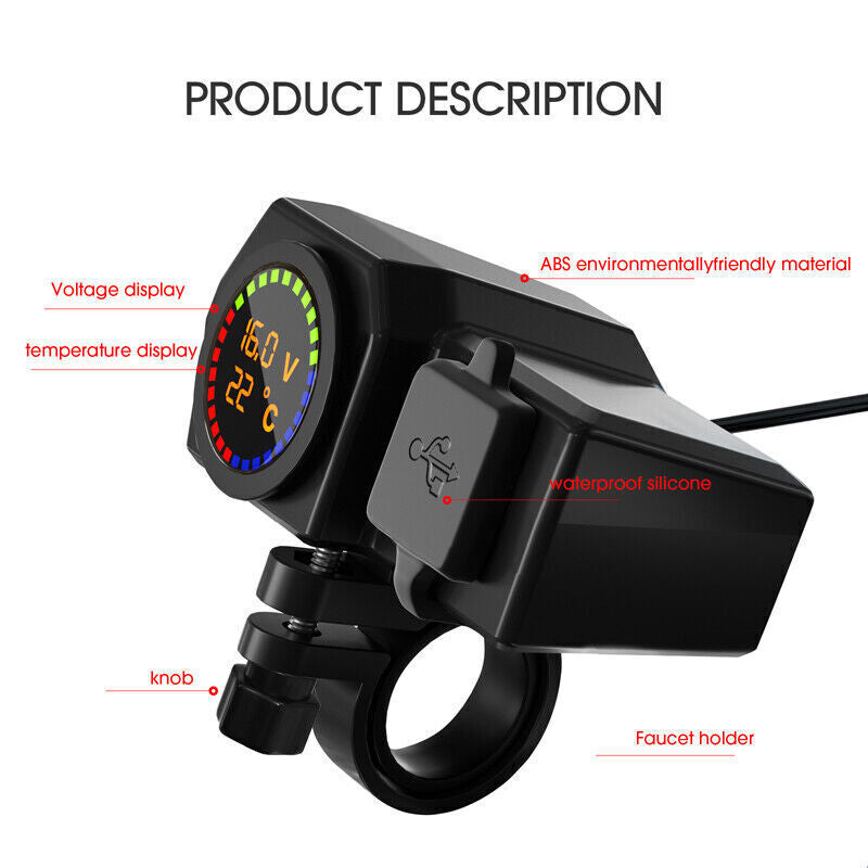Motorcycle Dual USB Charger with Voltage and Temperature Display for 7/8 Inch Handlebar Mount - n