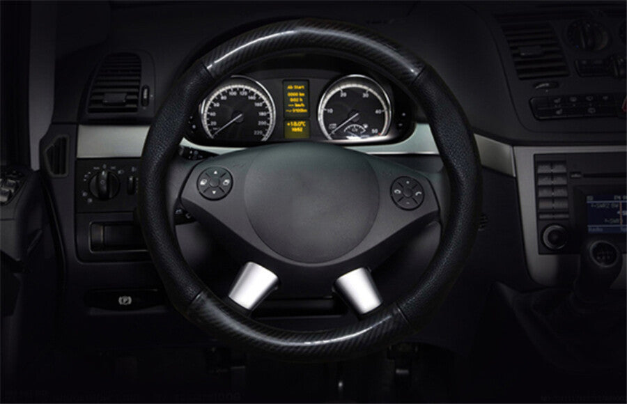 38cm Car Steering Wheel Cover Trim Carbon Fiber Black Leather Non-Slip w/ Mark