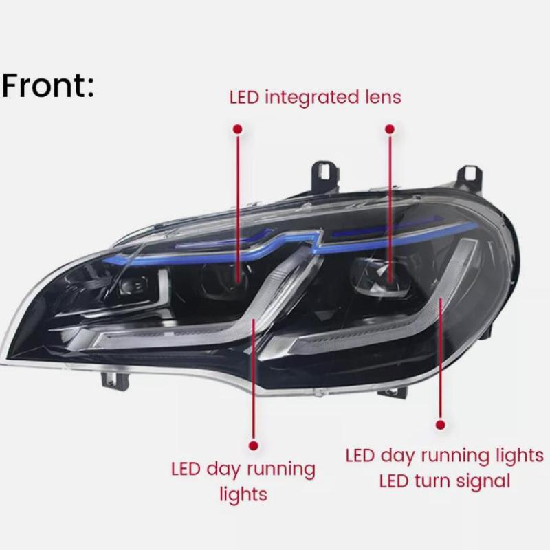 A pair of LED headlights for BMW X5 E70 2007-2013 HID projector DRL replacement headlights.