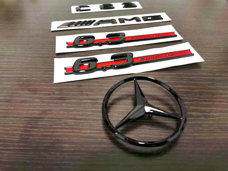 Glossy black with red C63 AMG and rear star side 6.3 AMG badge. Suitable for W204 507