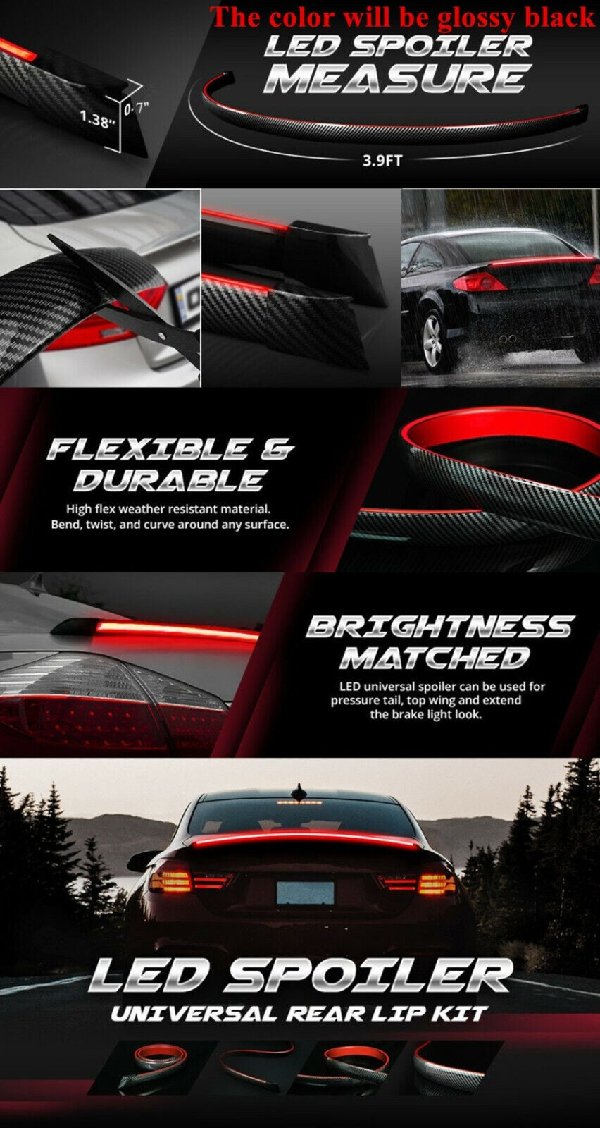 120CM LED Car Rear Trunk LED Spoiler Lip Tail Wing Brake Light Lamp Black New n