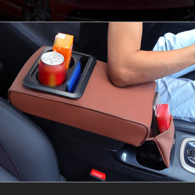 Brown Car Armrest Box Cushion Pad Center Console Cover With Cup Holder Storage