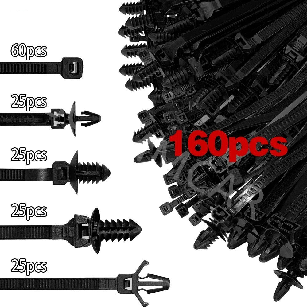 160Pcs Wire Cable Zip Ties Nylon Tie Self-Locking Cable Ties Car Push Mount
