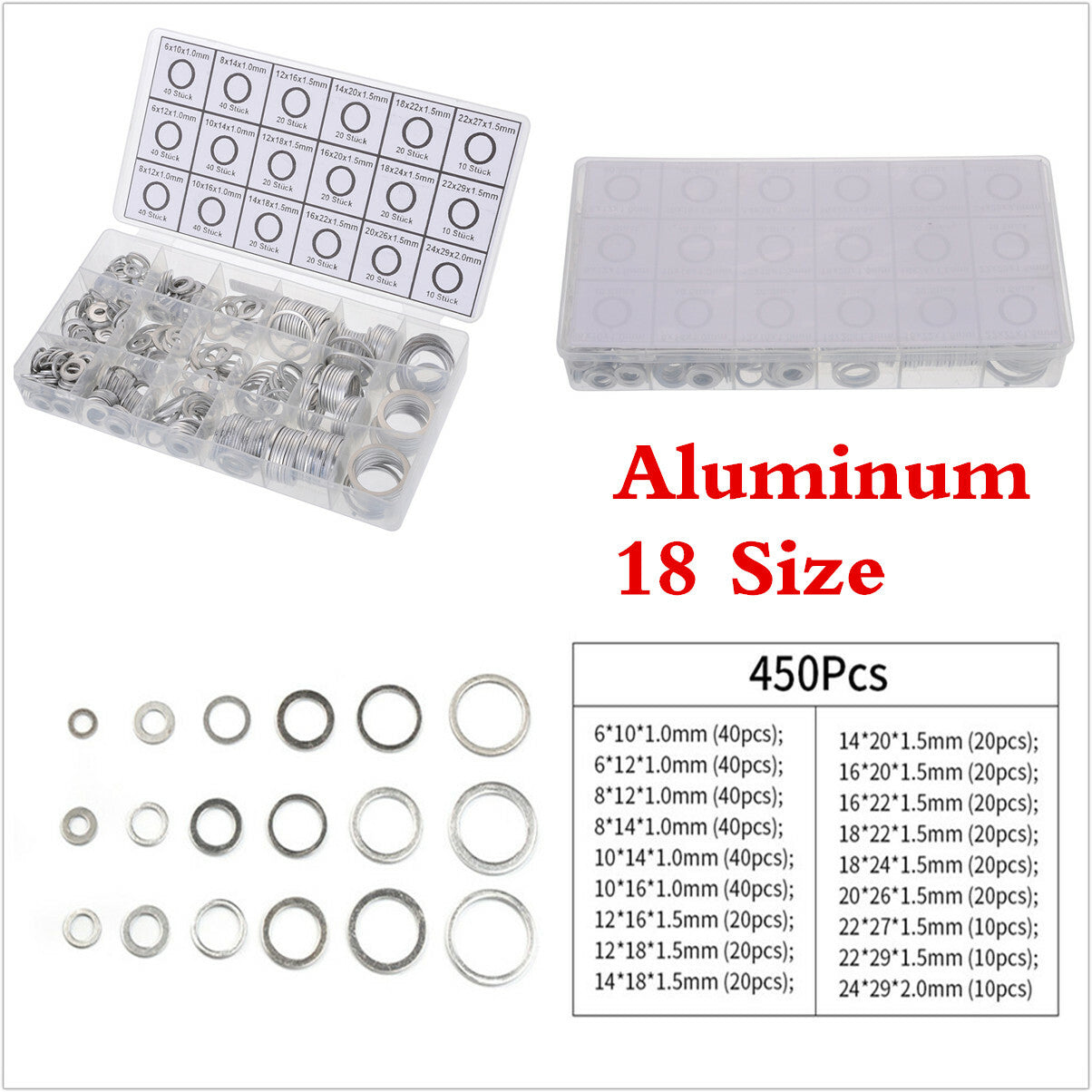 Car Pure Aluminum Washers Flat Metal Gaskets Sealing Ring 18 Size 450Pcs Silver