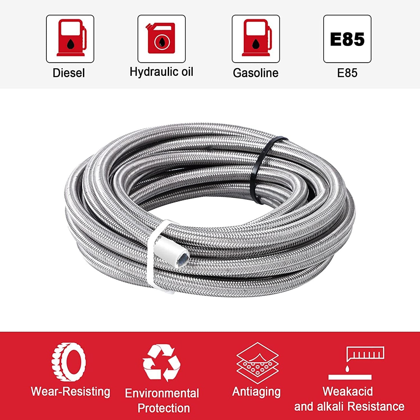 6AN PTFE Fuel Line Kit E85 20ft Braided Nylon Fuel Hose 3/8 inch AN6 Fuel Line e85