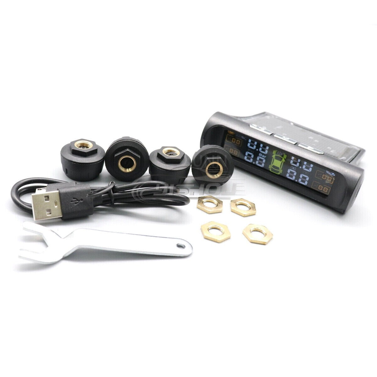 Tire Pressure Monitoring System with USB + Solar-Powered Wireless Automotive TPMS LCD Screen and 4 External Sensors