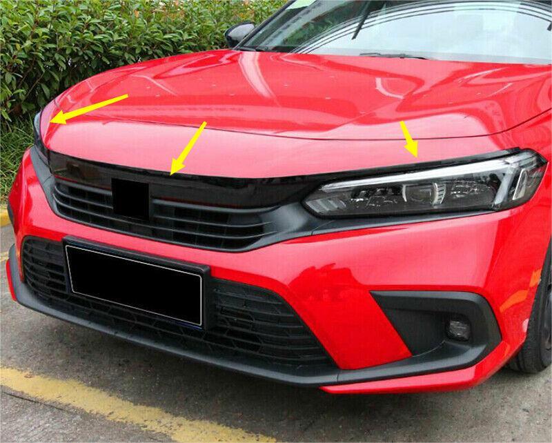 3x for Honda for Civic 2022-2023 Glossy Black Front Grille Lip Cover Strip Trim Kit