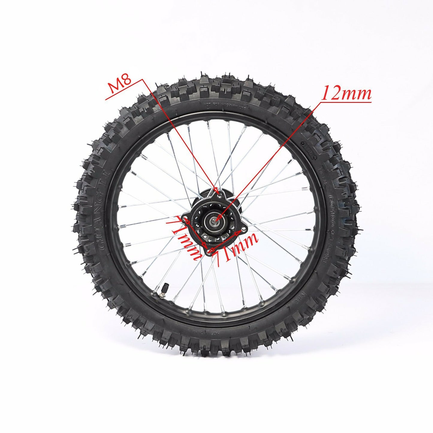 12mm 60/100-14 front tire, 1.4x14 rim, rotor suitable for Taodaokeng bicycles 110cc and 125cc.