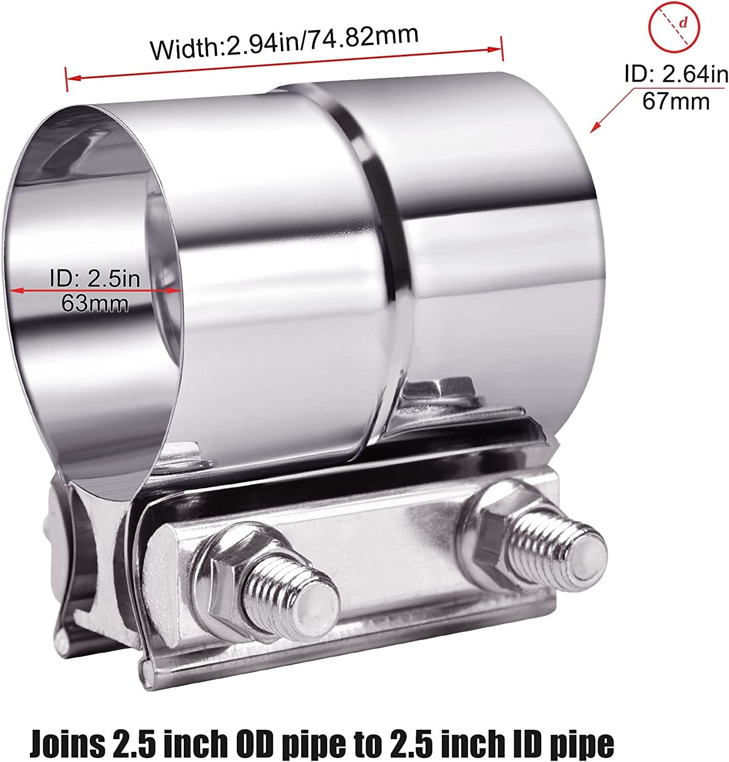 2.5-inch exhaust clip connector with sleeve, stainless steel, one pair