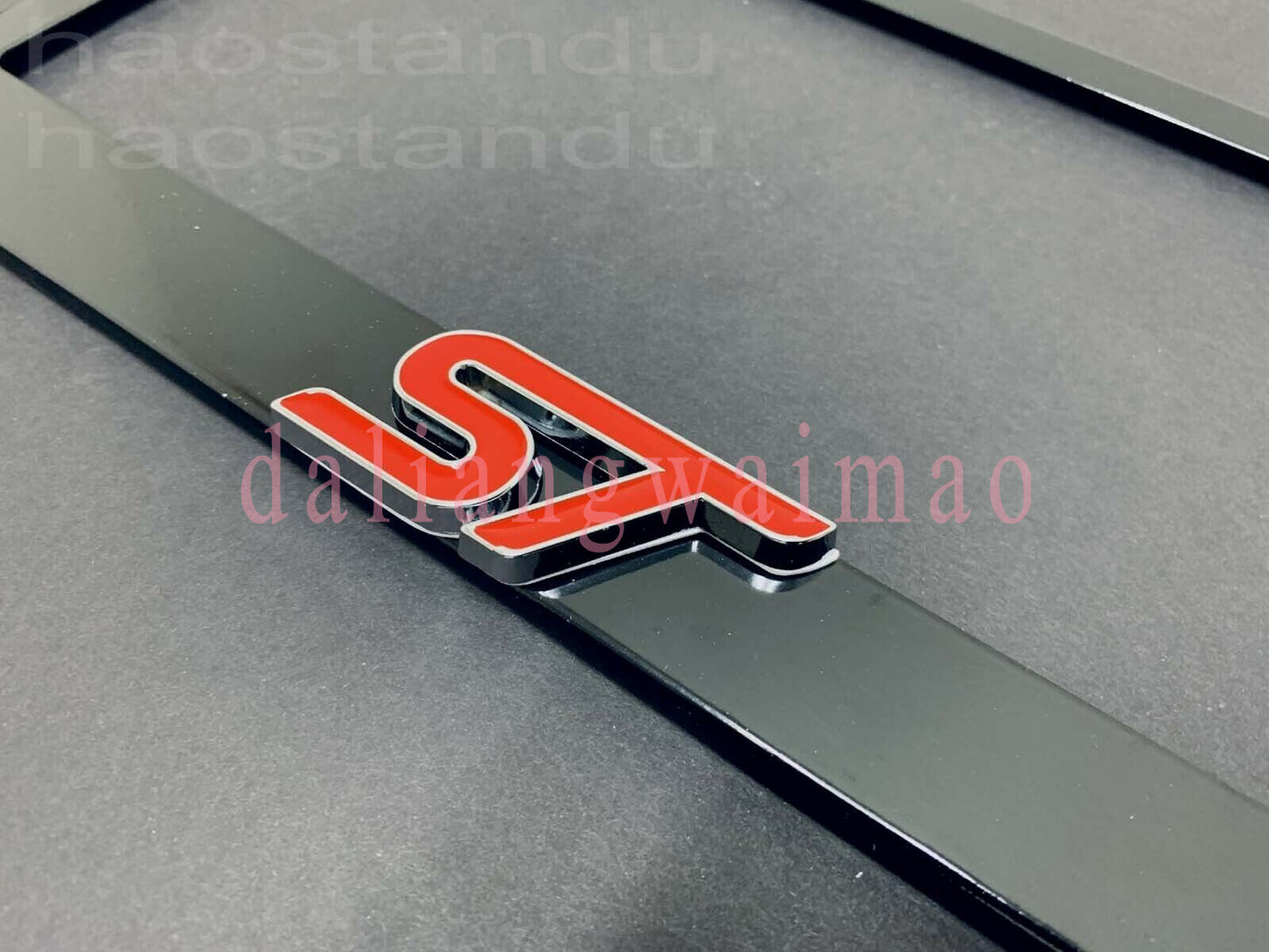 1x Red ST 3D Emblem BLACK Stainless License Plate Frame RUST + Screw Caps