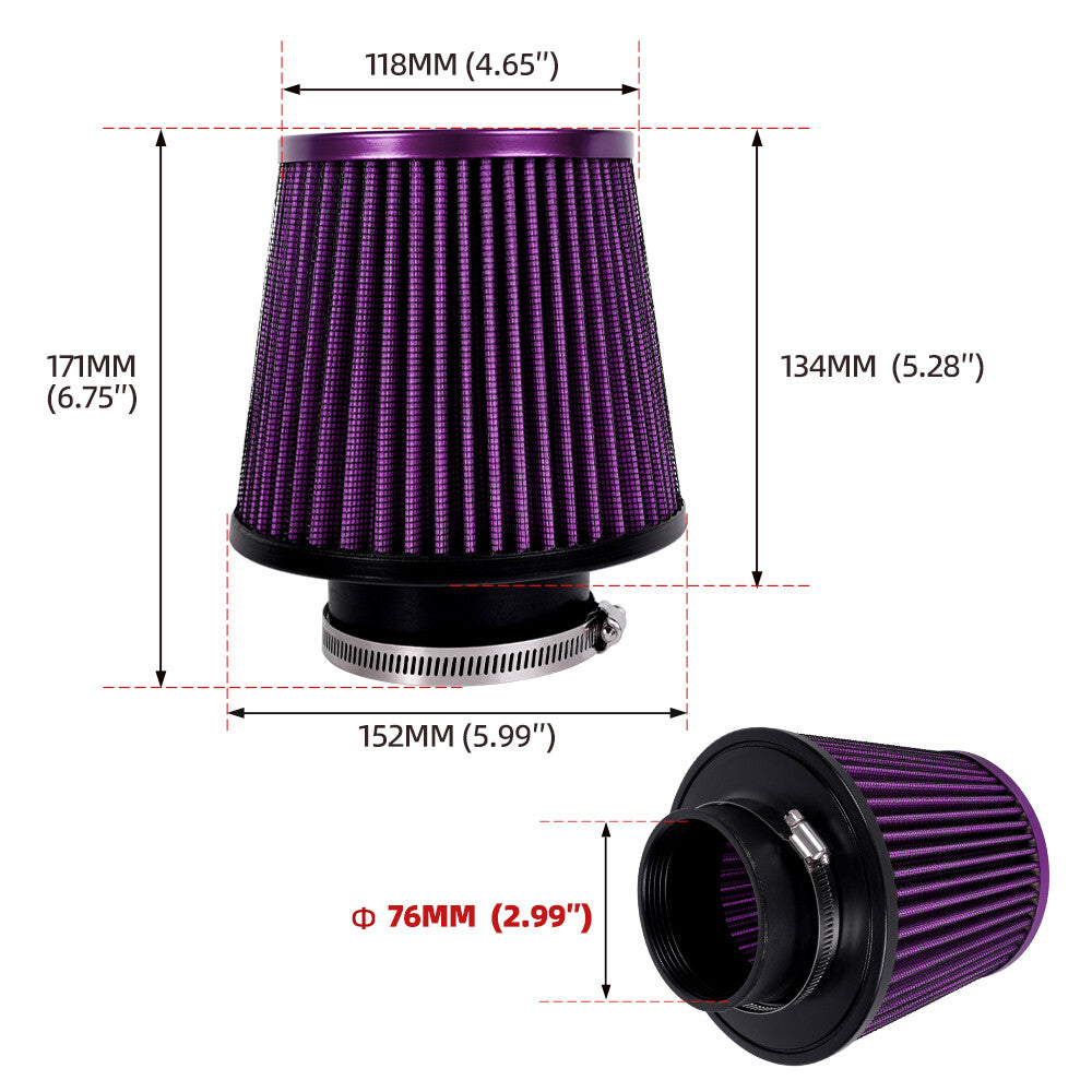 3 76mm Full Purple High Flow Inlet Air Intake Cone Filter For Car/Truck/SUV