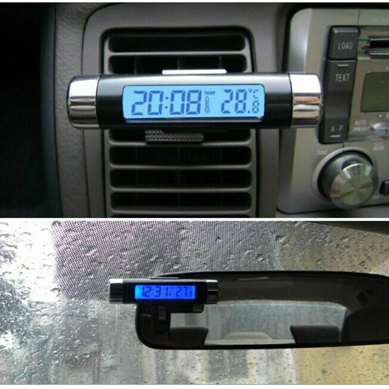 Car Clock Thermometer Barrel Shaped LCD Display Air Vent Clip On LED Car Digital