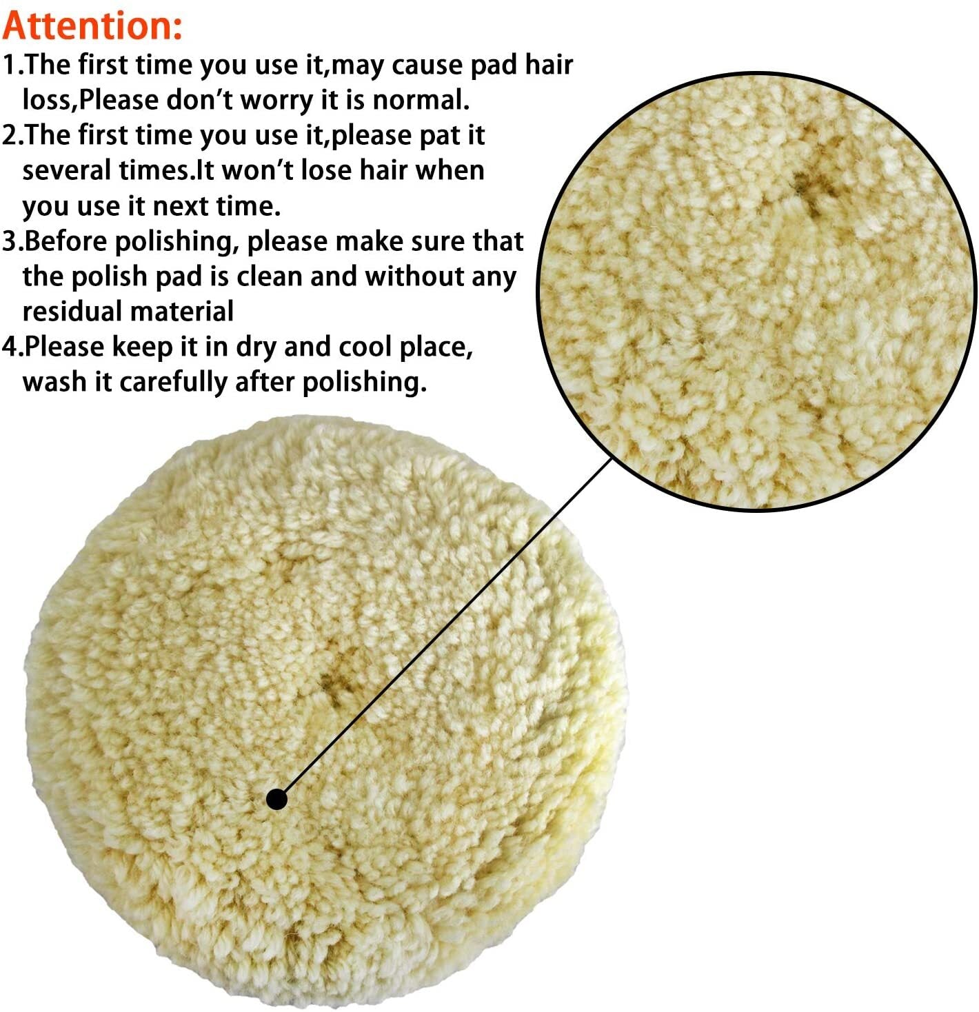 Polishing Pad Kit (6 pieces), 3-inch 100% Natural Wool Hook Loop for Cars