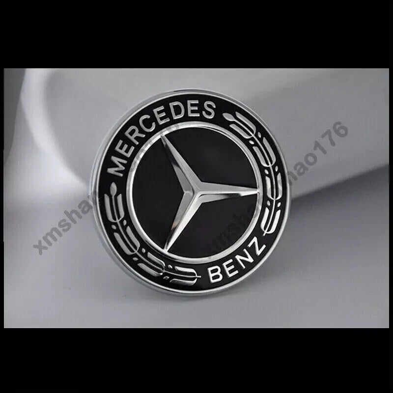 Front Hood Emblem BLACK Star for Mercedes-Benz Laurel Wreath 2 PINS Badge