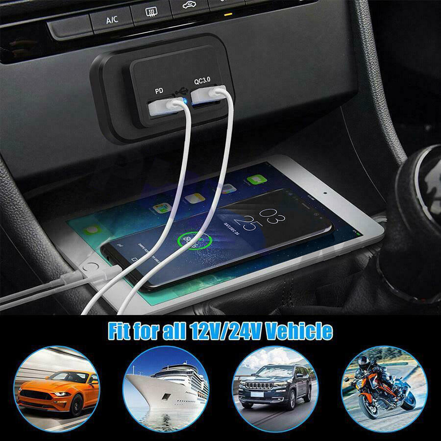 12V PD QC3.0 USB Car RV Fast Charger Adapter Outlet Universal LED Q