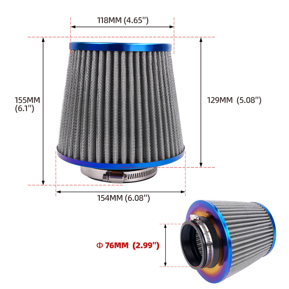 3 76mm Universal High Flow Inlet Air Intake Cone Filter For Car/Truck/SUV